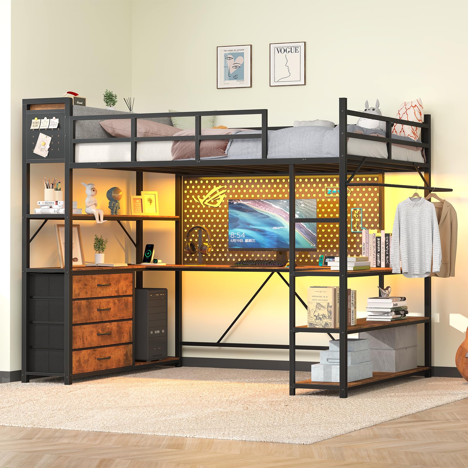 Twin Loft Bed with Storage, Desk & LED Lights