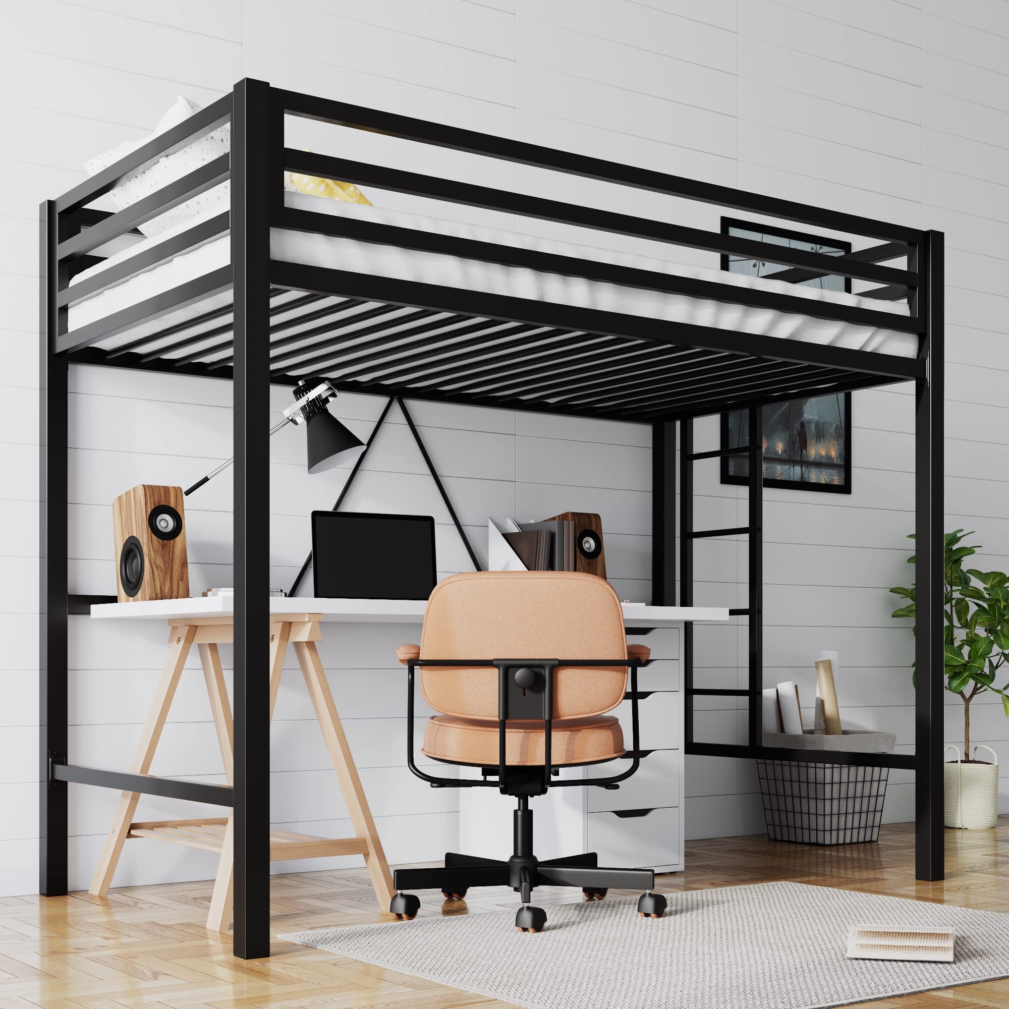Twin Size Metal Loft Bed with Removable Ladder, Guardrail & Metal Slats
