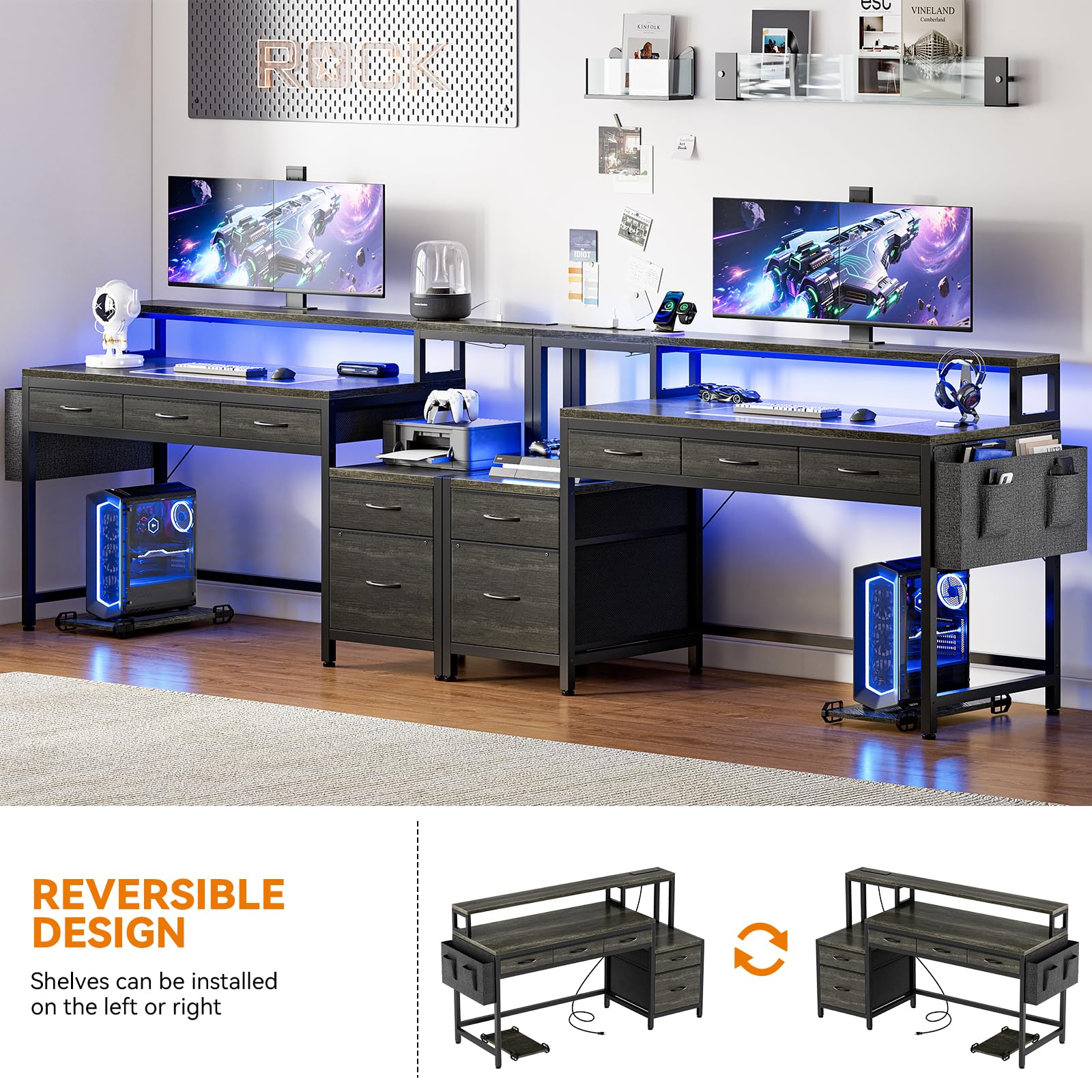 61-Inch Gaming & Computer Desk with Charging Station, LED Lights & Storage