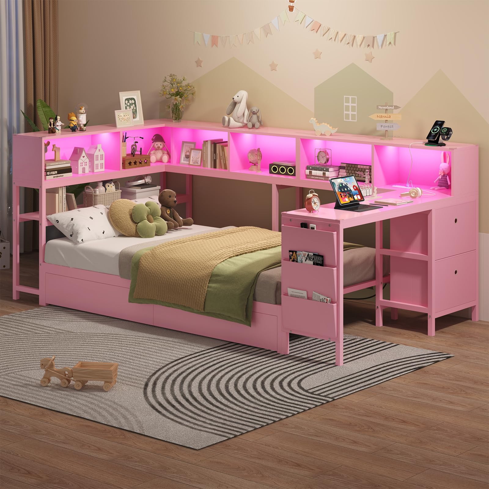 Hasuit Twin Corner Bed with Desk and Storage Bookcase, Daybed with 2 Drawers & 2 Storage Bins, Twin Size Platform Bed Frame with Charging Station and LED Light, Modern Teenagers Bedframe, Pink