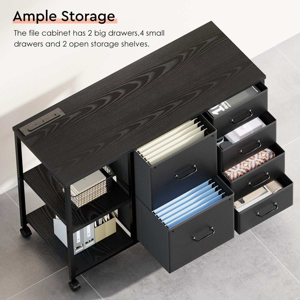 Maihail 6 Drawer File Cabinet with Charging Station and Open Storage Shelf