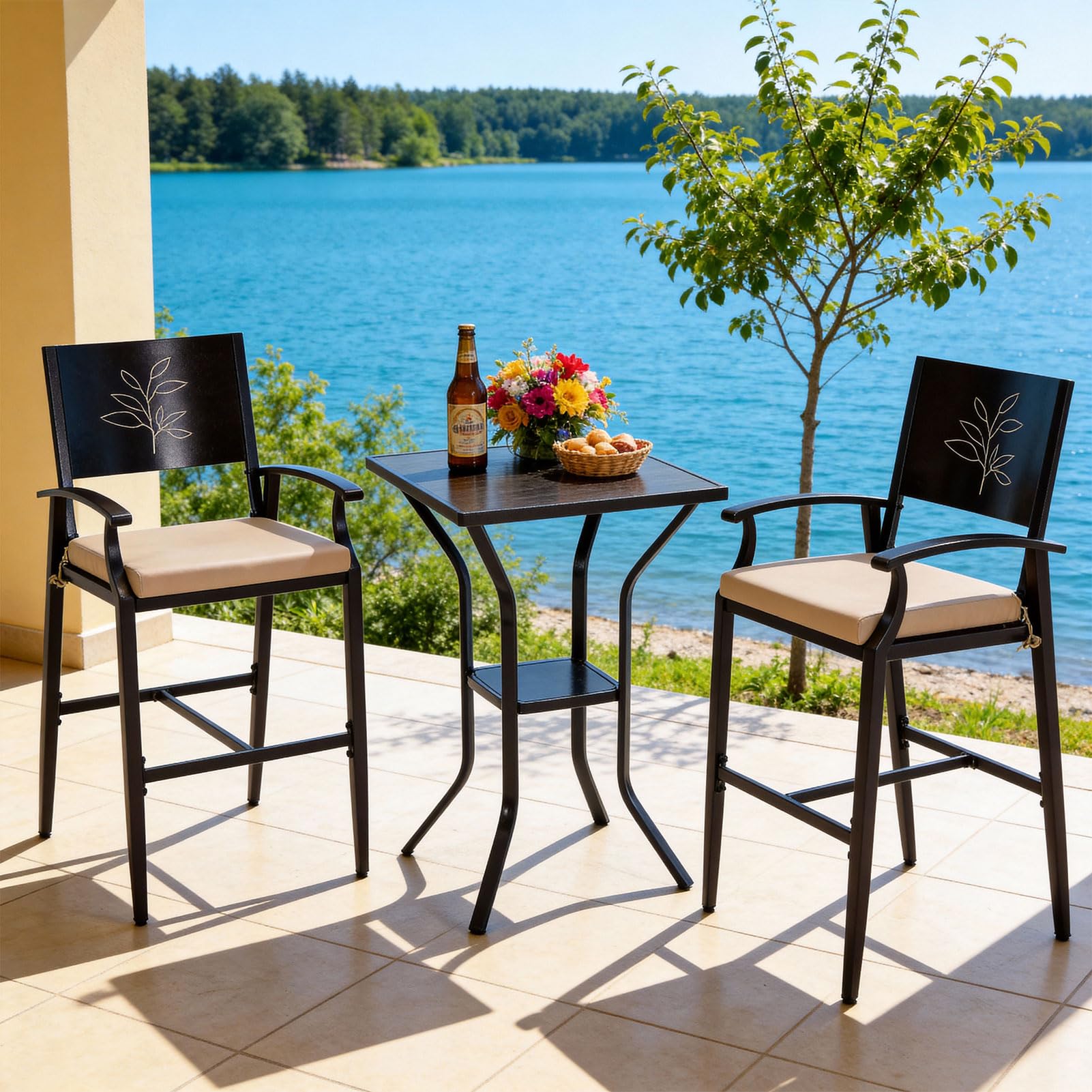 3-Piece Outdoor Bar Set with Stone Crystal Table Top