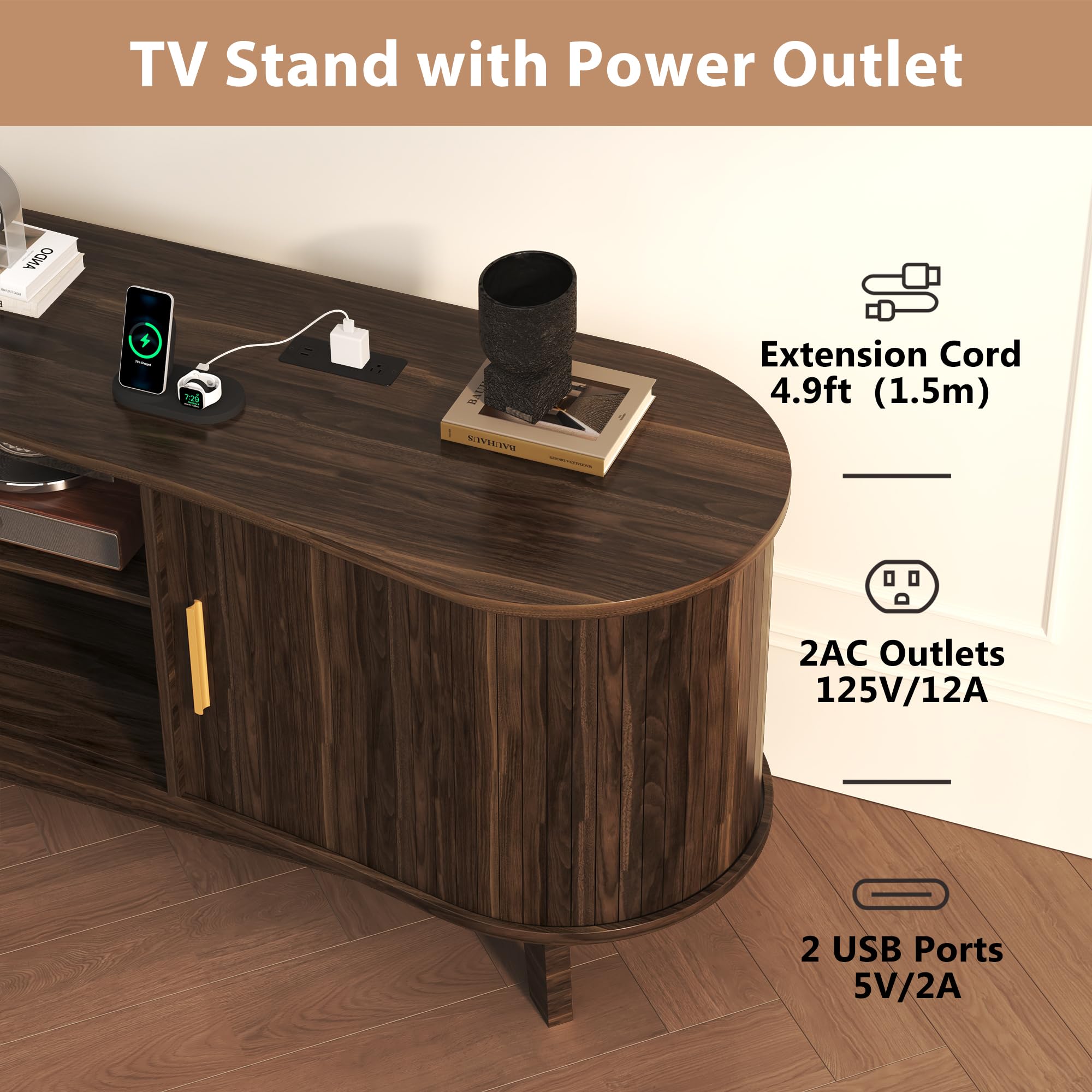 59" Mid-Century TV Stand with Sliding Doors & Power Outlets