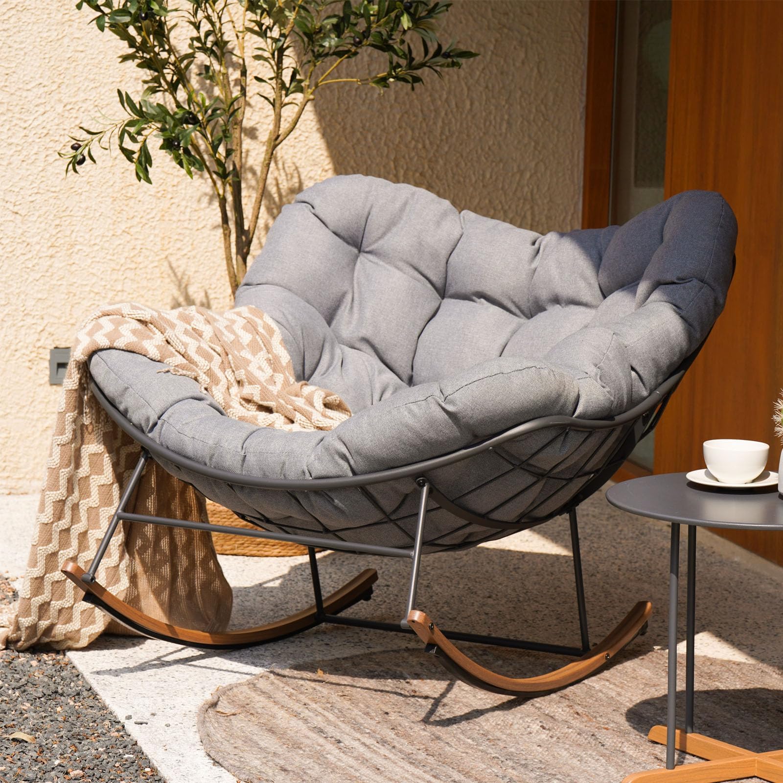 Oversized Papasan Outdoor Rocking Chair with Cushion