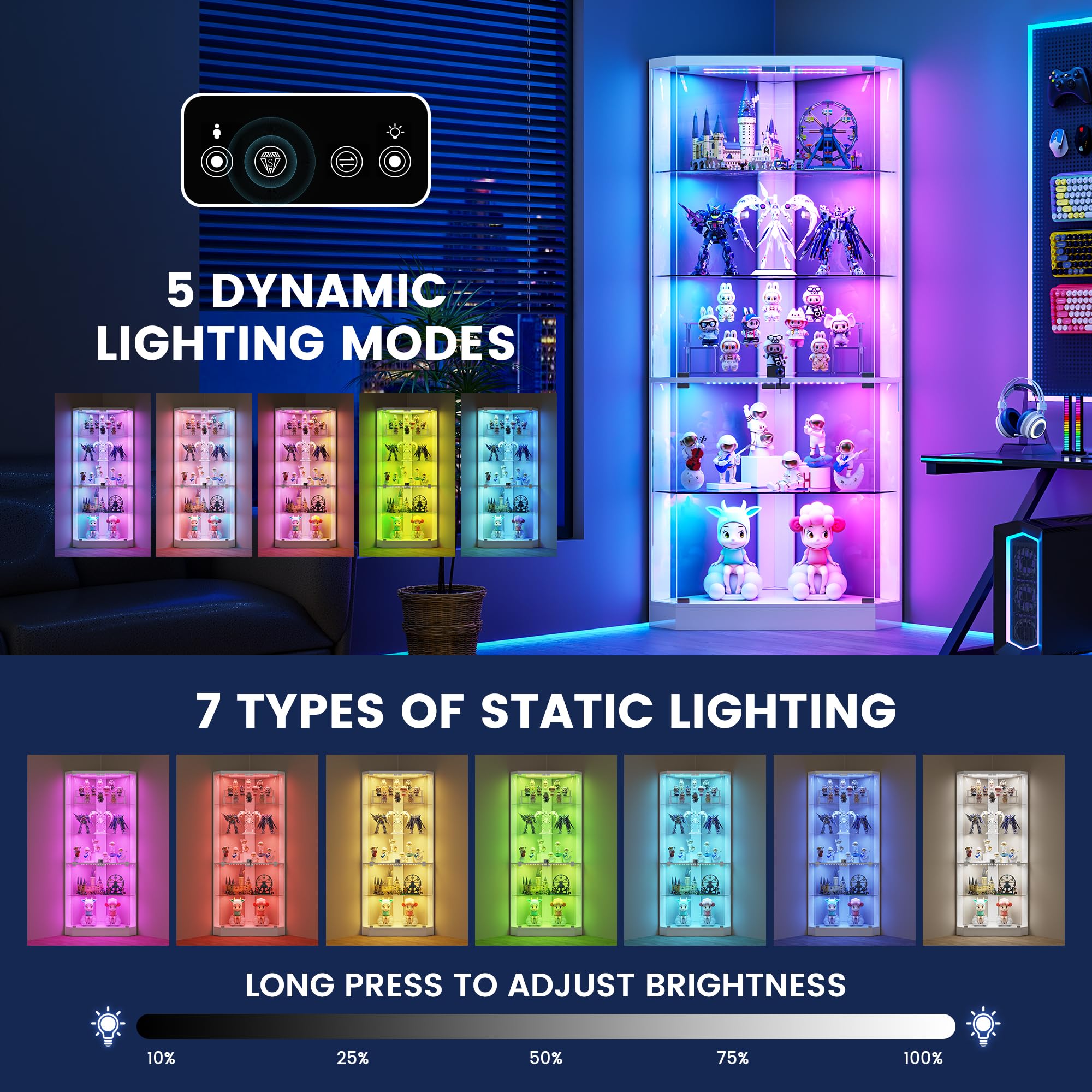 5-Tier Corner Glass Display Cabinet with RGB Lights