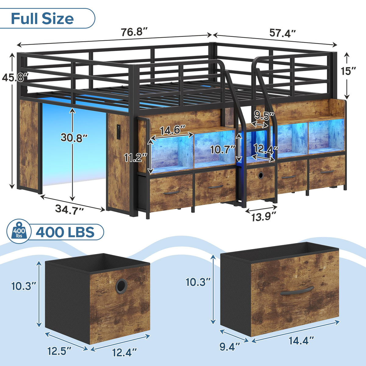BYSAUD Full Low Loft Bed with 5 Storage Drawers and 6 Bookcases, Brown