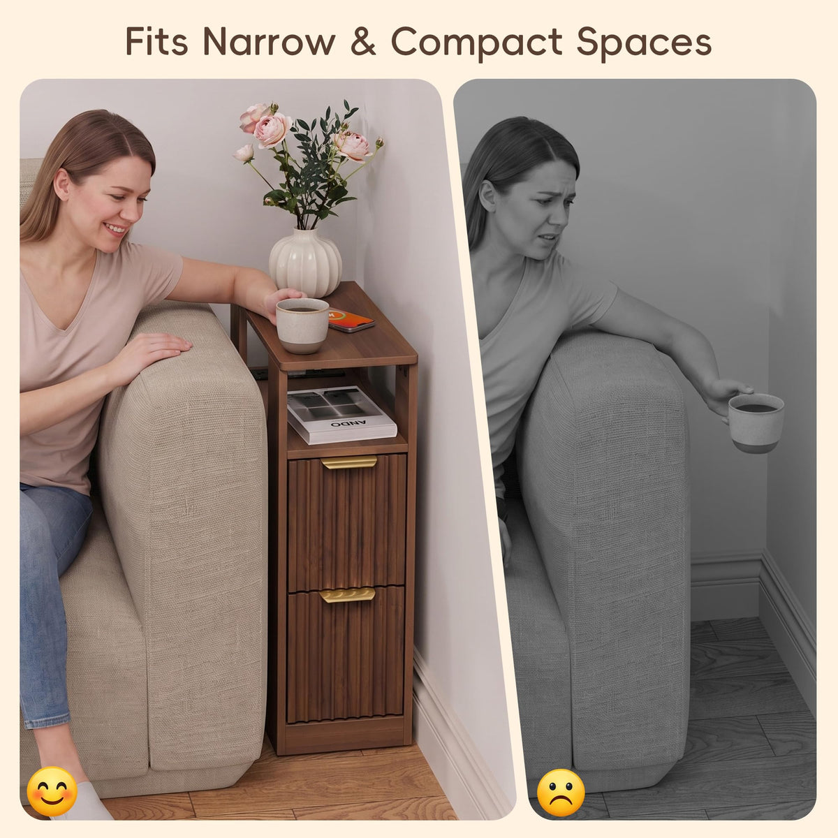 JUSTOGO Narrow Nightstand Set of 2, Fluted End Table with Charging Station