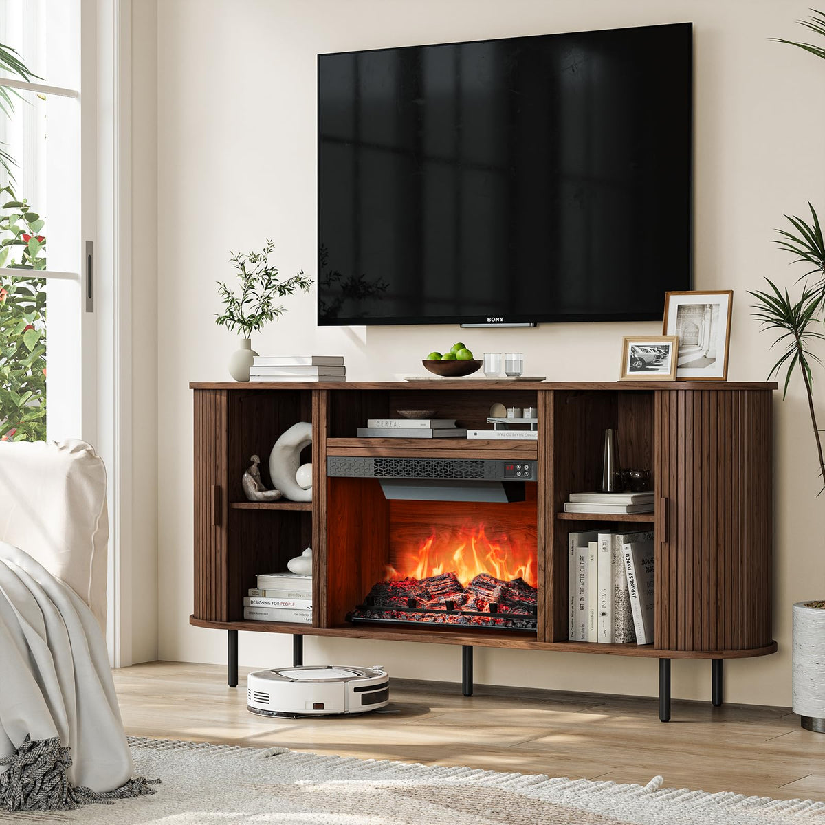 ONBRILL 63" Fluted Fireplace TV Stand with 23" Electric Fireplace, Walnut
