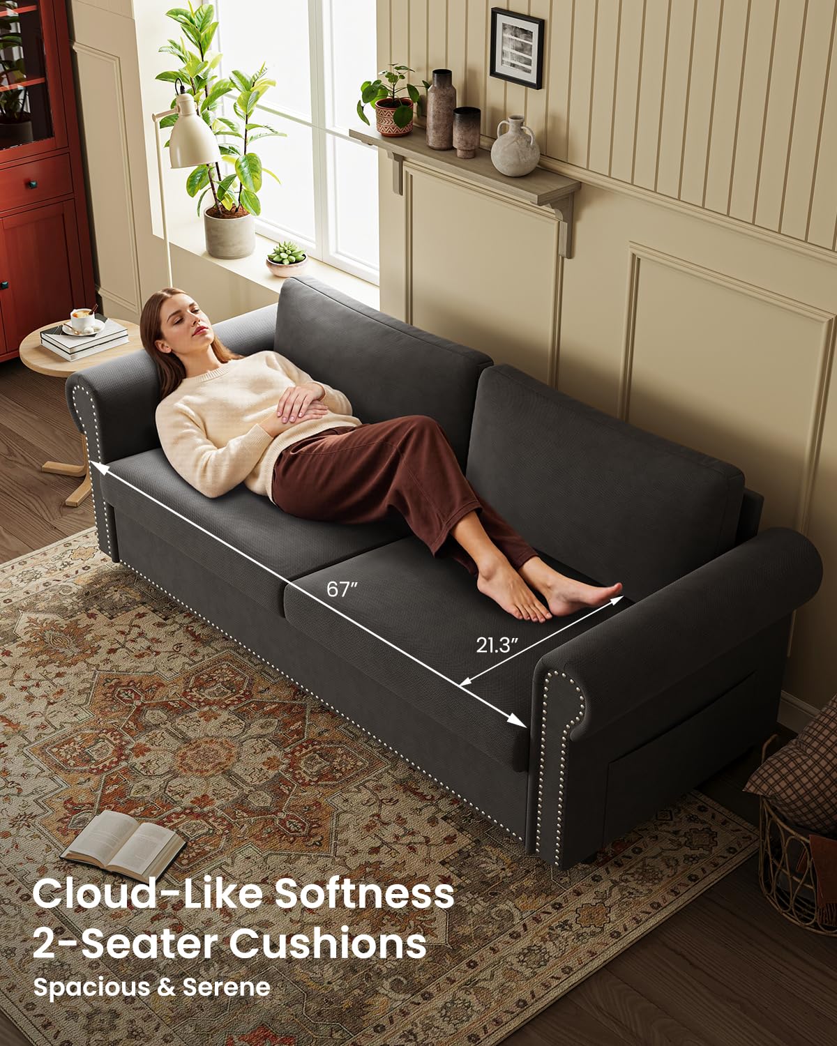 Queen Pull Out Sofa Bed | 83" Large Sleeper Sofa with Queen Size Mattress | 2-in-1 Convertible Loveseat Sofa-Bed with USB Ports Side Pockets Dark Grey