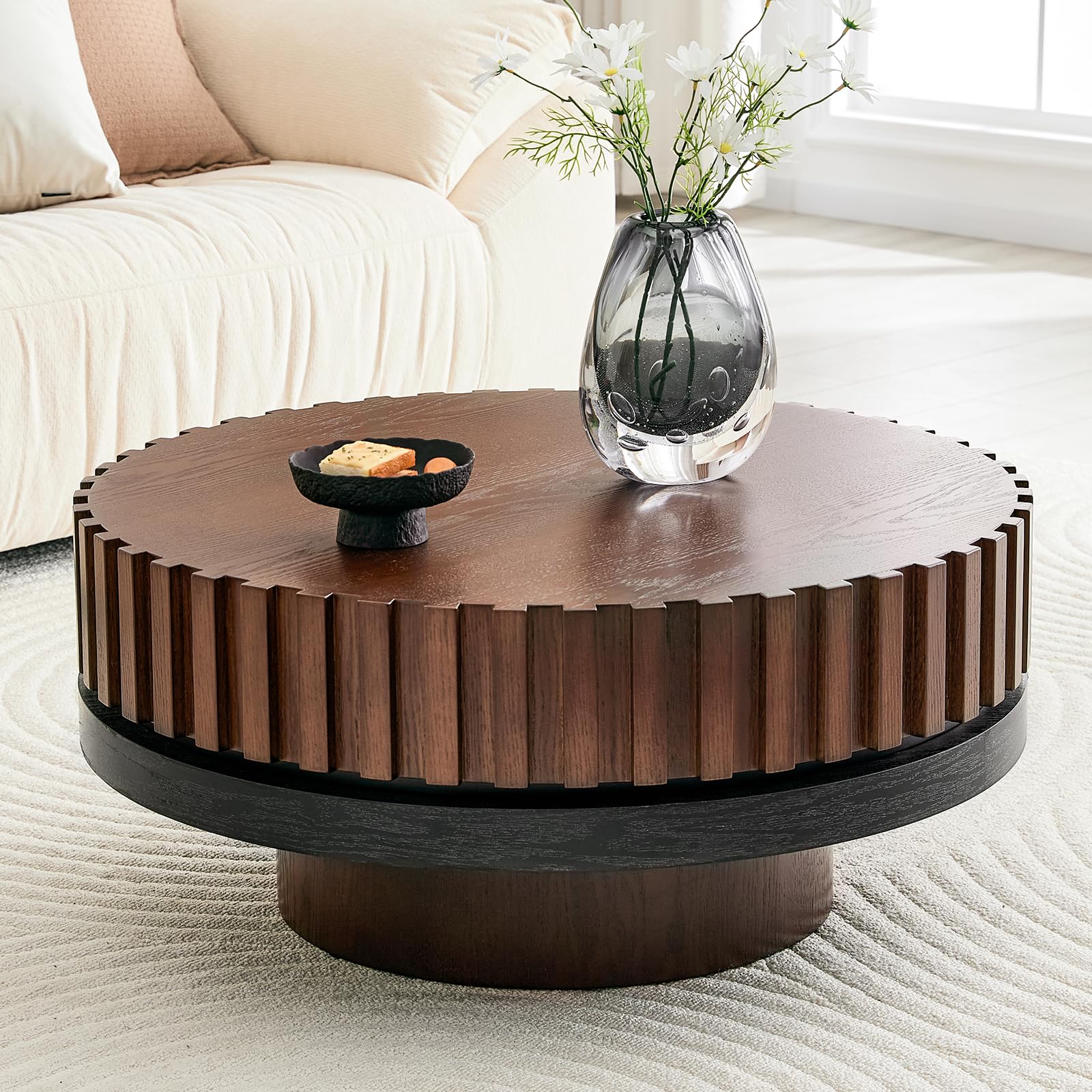 LKTART 31.5" Fluted Drum Coffee Table, Round Center Table with Black Walnut Accent & Textured Base, Easy Assembly, Mid-Century Modern Wood Veneer Cocktail Table for Living Room, Apartment, Office