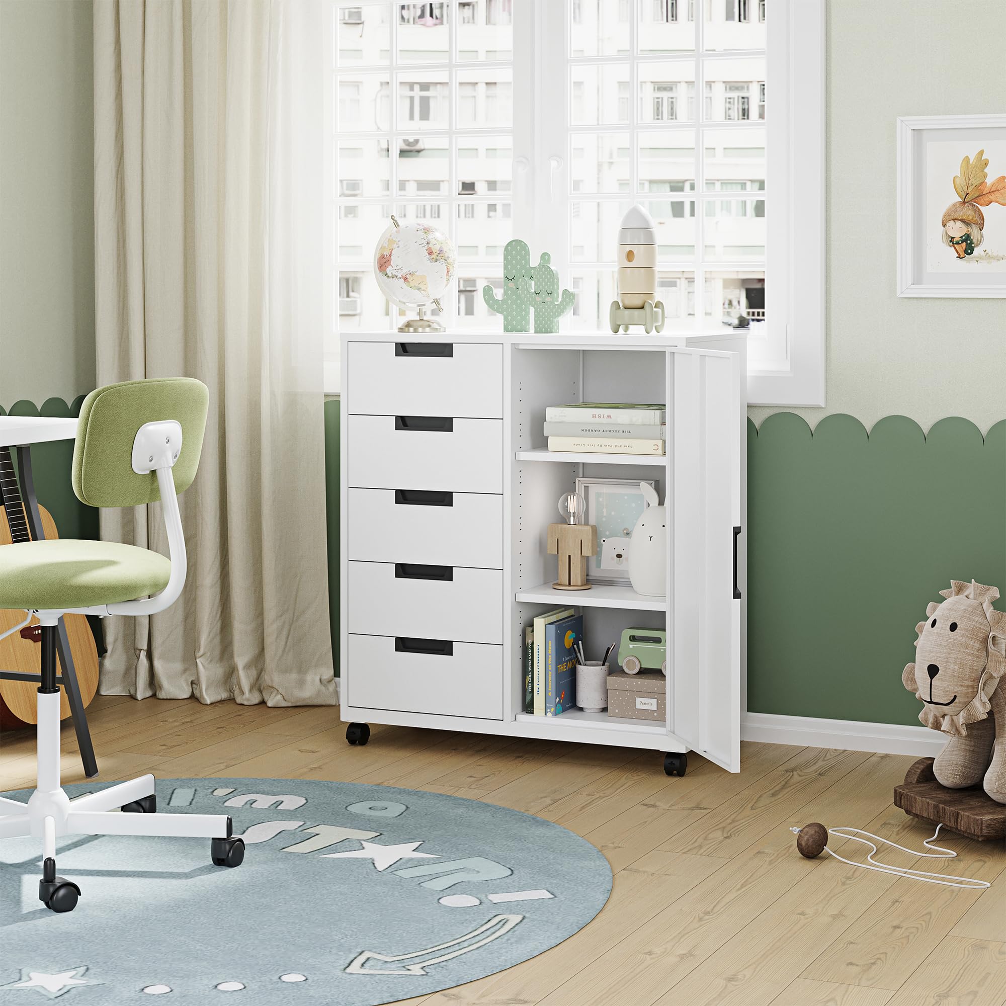 5-Drawer Metal Storage Cabinet with Printer Stand & Shelved Door