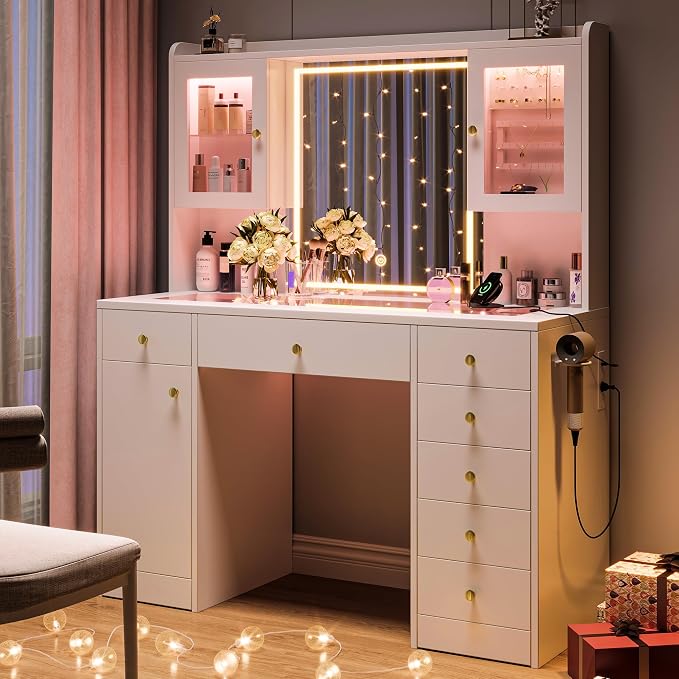 Black Glass-Top LED Makeup Vanity