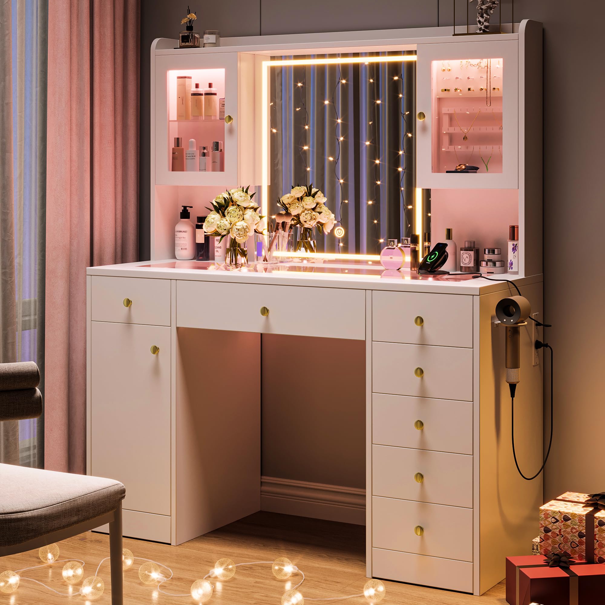 Einhomn Makeup Vanity Desk with Mirror & LED Lights, Large Glass Top Vanity Table with 7 Drawers & 3 Cabinets, Modern Dressing Table with Charging Station & RGB Lights for Bedroom, White