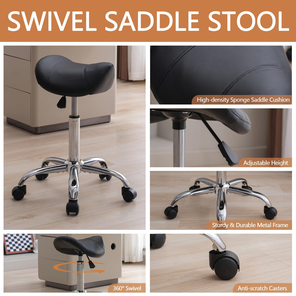 FIRAVOE Saddle Stool, Swivel Saddle Stools with Wheels, Adjustable Rolling Stool 18"-26", Faux Leather Rolling Saddle Stool for Salon, Massage, Clinic, Lab, Office (Black, 1PCS (18"-26"))