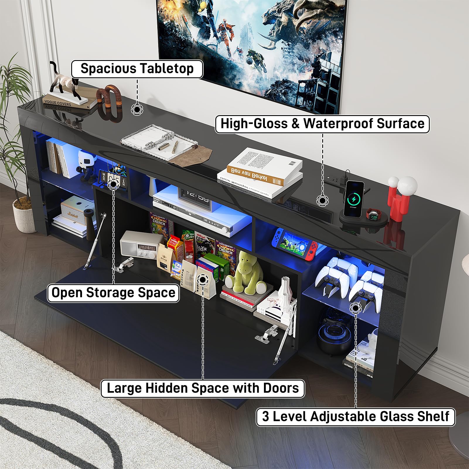 jiteentarou 71" Floating Fireplace TV Stand for up to 85" TVs, Modern High Gloss Entertainment Center w/40 Electric Fireplace, Charging Station&LED Lights, Fireplace TV Media Console w/Storage, Black