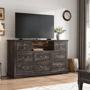 EnHomee 8 Drawers Dresser with Power Outlets and LED Lights,55" W Rustic Wooden Dressers & Chests of Drawers for Bedroom, Hallway, Rustic Oak, 55" W x 34.5" H x 15.7" D