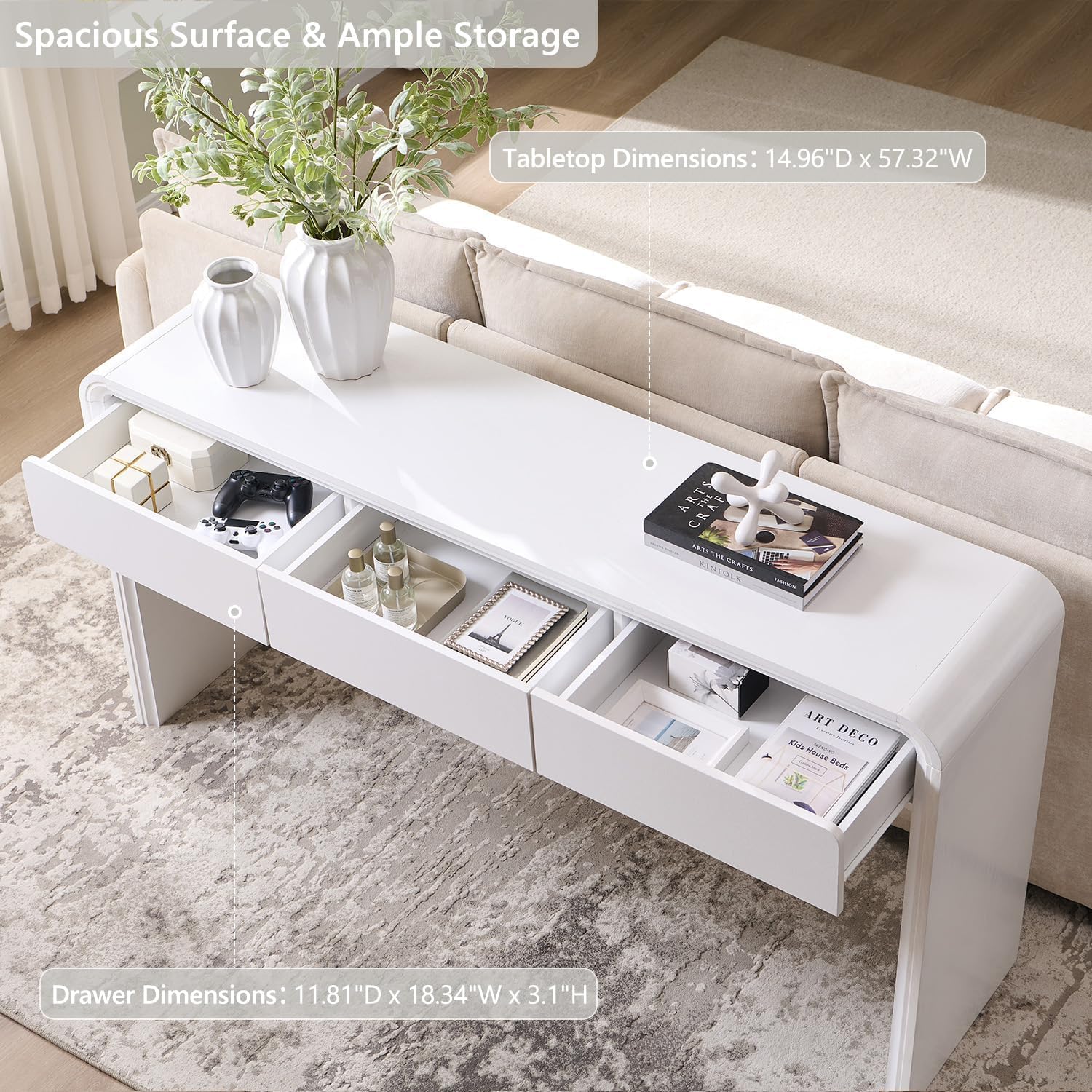 Aitjunz 63'' Console Table with 3 Drawers, Modern Entryway Table with Curved Profile Design, Narrow Long Wood Sofa Table Behind Couch Table for Living Room, Hallway, Foyer, White