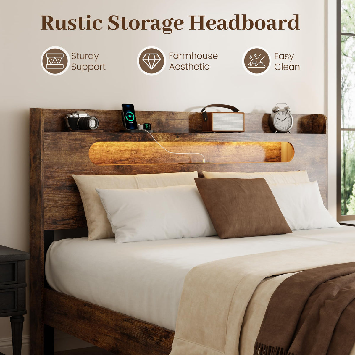 Queen Platform Bed with Storage Headboard