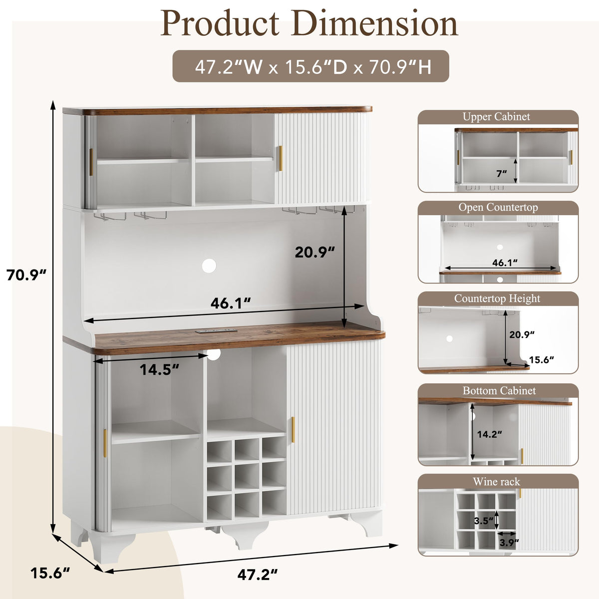 OneBlis 71" Tall Fluted Wine Bar Cabinet with Charging Station, White