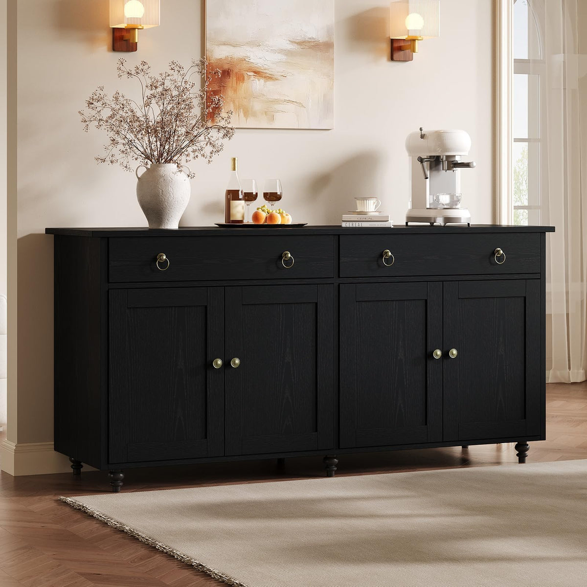 4 EVER WINNER 55" W Black Buffet Cabinet, Coffee Bar Cabinet with 2 Drawers