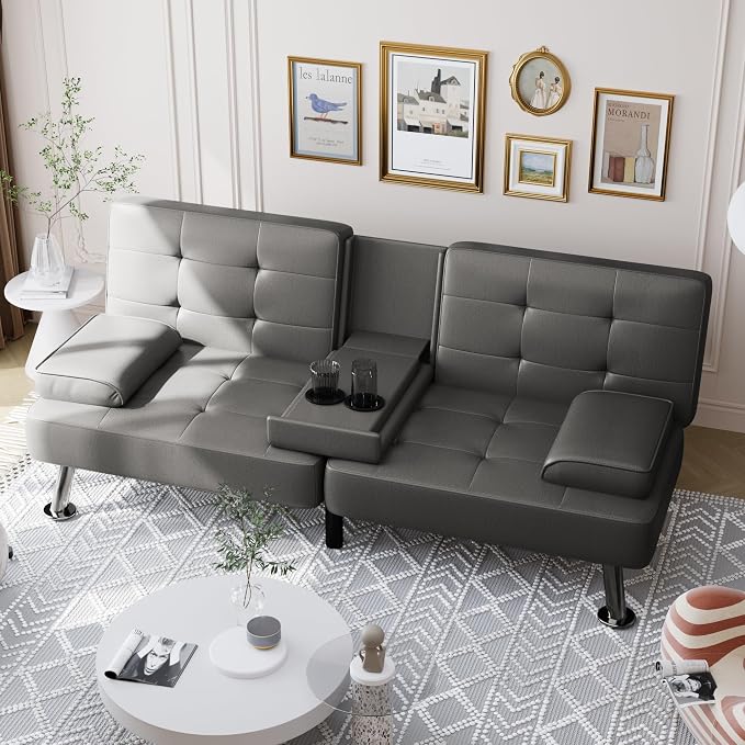 Faux Leather Convertible Futon Sofa Bed