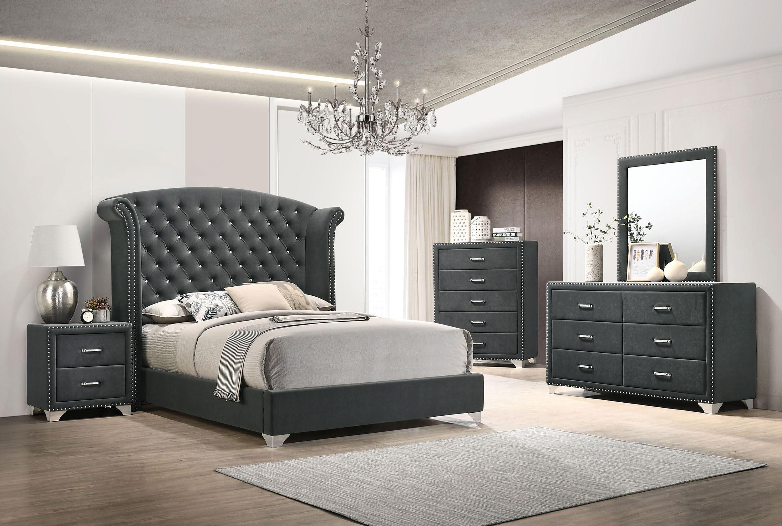 Coaster Home Furnishings Melody Modern Classic 5-Piece Bedroom Set Velvet Upholstered Queen Size Wingback Bed Frame 66-inch Headboard Grey 223381Q-S5