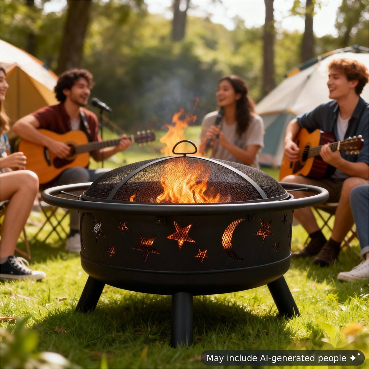 Grovellis 38-Inch Round Wood-Burning Fire Pit with Mesh Cover and Poker