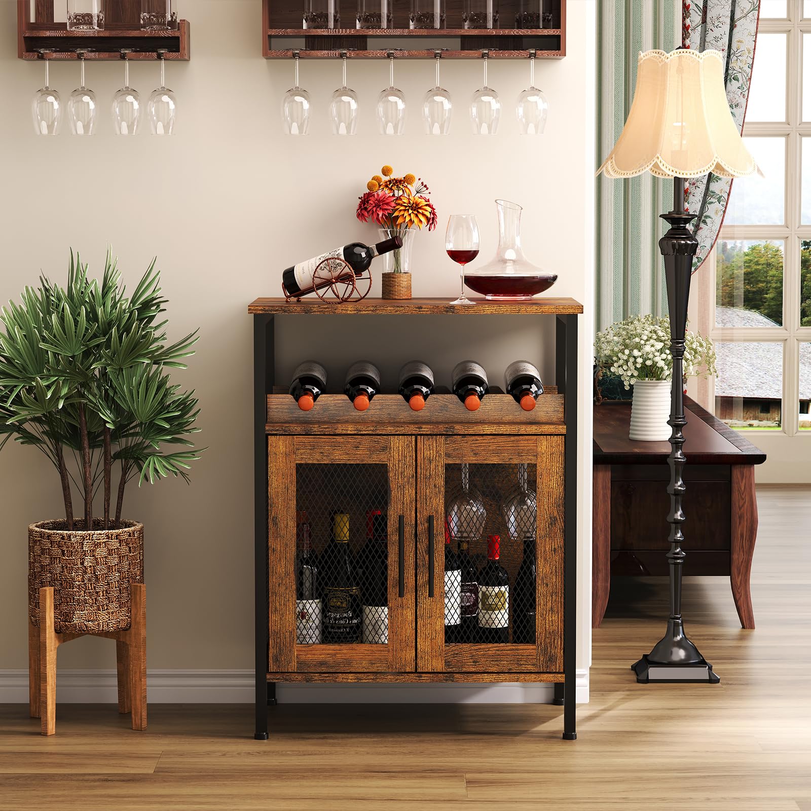 Wine Bar Cabinet with Detachable Wine Rack, Glass Holder & Mesh Door