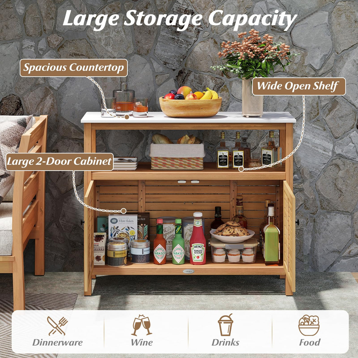 Goplus Patio Storage Cabinet, Outdoor Acacia Wood Buffet Cabinet with Marble-Like Countertop, Open Shelf & 2 Doors, Sideboard Organizer for Outdoor Kitchen, Garden, Backyard