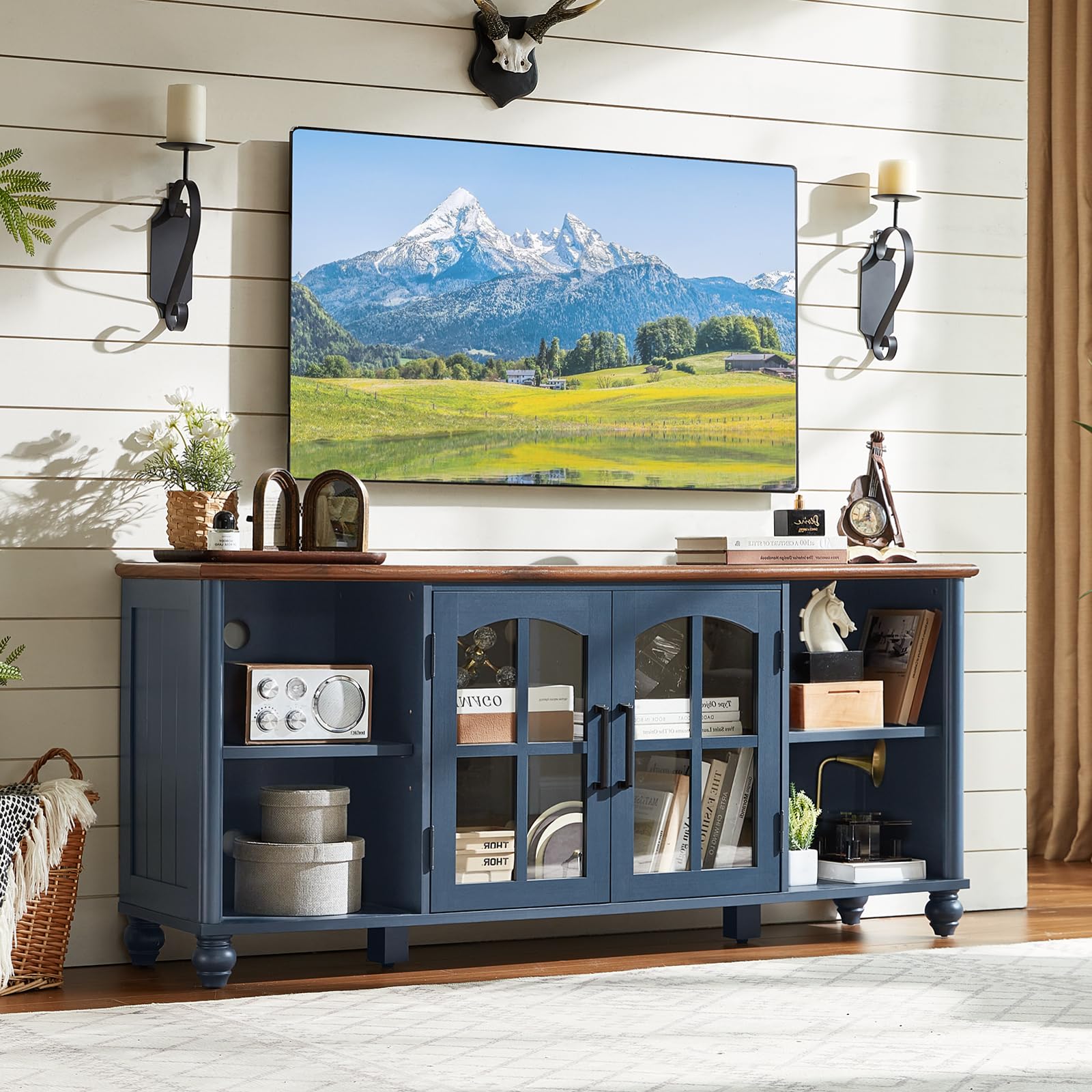 RWYHG Farmhouse TV Stand for 60 Inch TV, Wood Entertainment Center with Adjustable Shelves & Glass Door Storage Cabinet,Television Stands for 65" TVS,TV Console Table for Living Room,Bedroom,Navy Blue