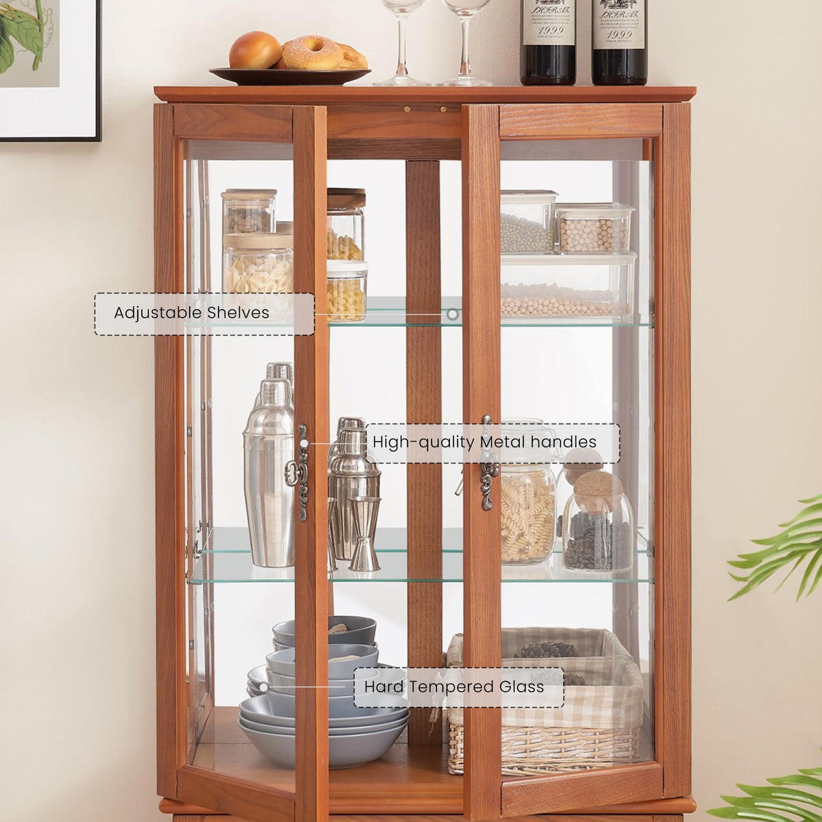 52" Lighted Accent Curio Cabinet, 3-Tier Antique Storage Cabinet with Tempered Glass Adjustable Shelves & Drawer, Acrylic Pane, Light Bulb Included, China Display Case for Living Room (Dark Oak)