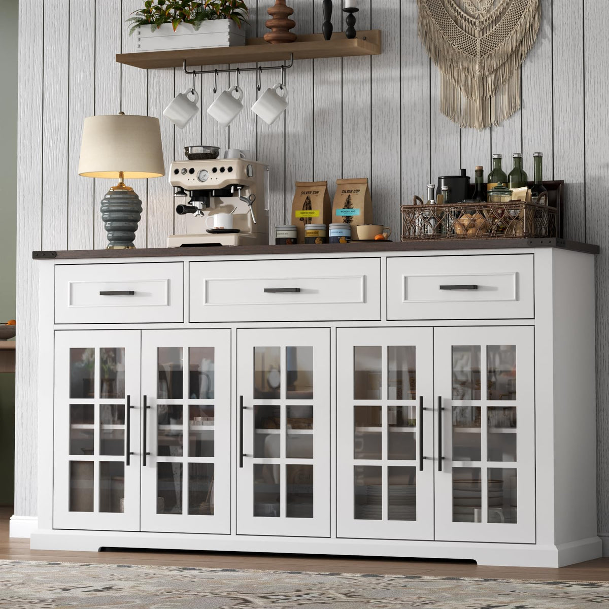 63" Buffet Cabinet with Glass Doors, Farmhouse Sideboard with 3 Drawers
