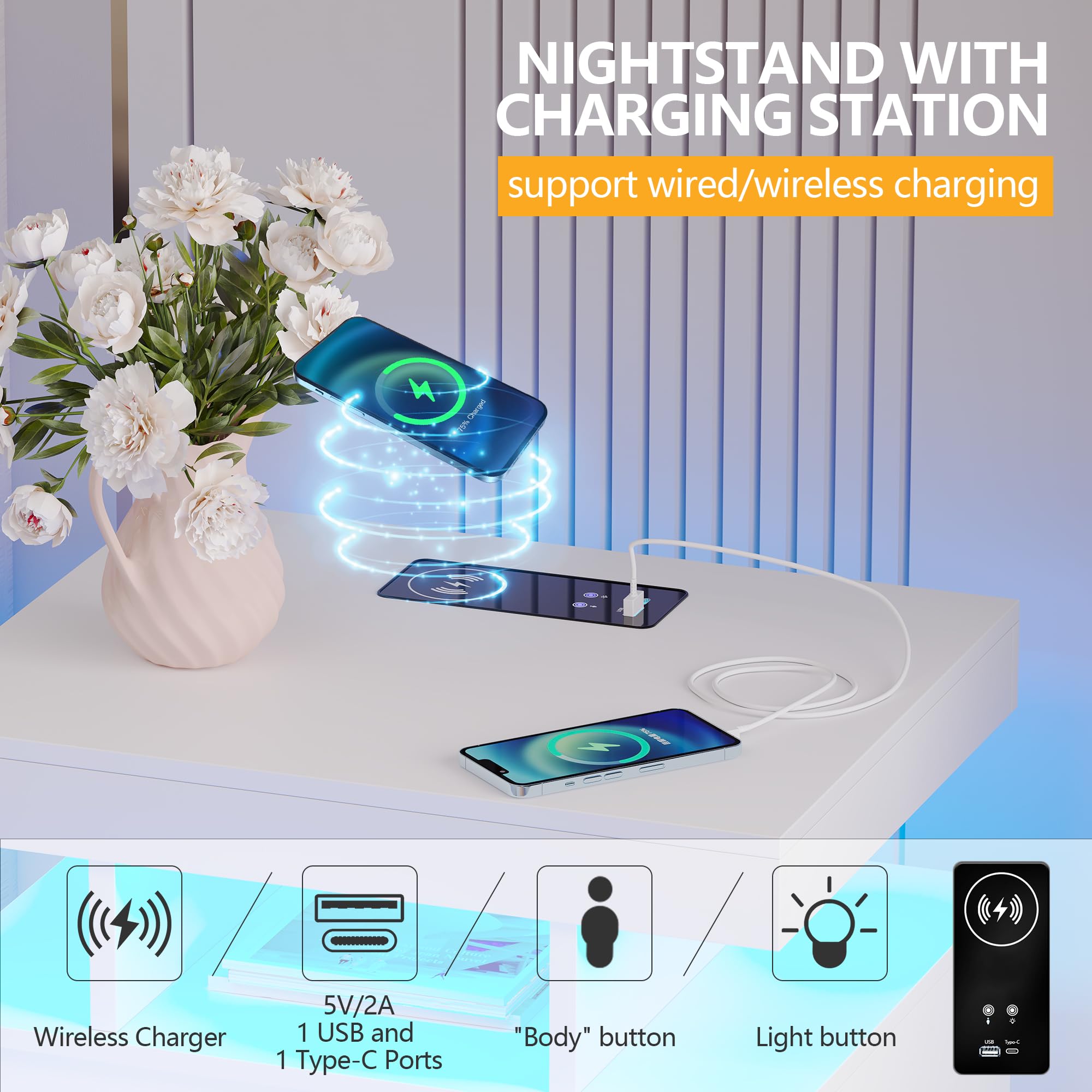 dnbss Nightstand with Charging Station and LED Light, Modern Night Stand with 2 Drawers, Smart Nightstand with USB Ports and Wireless Charger, Bedside Table for Bedroom, White