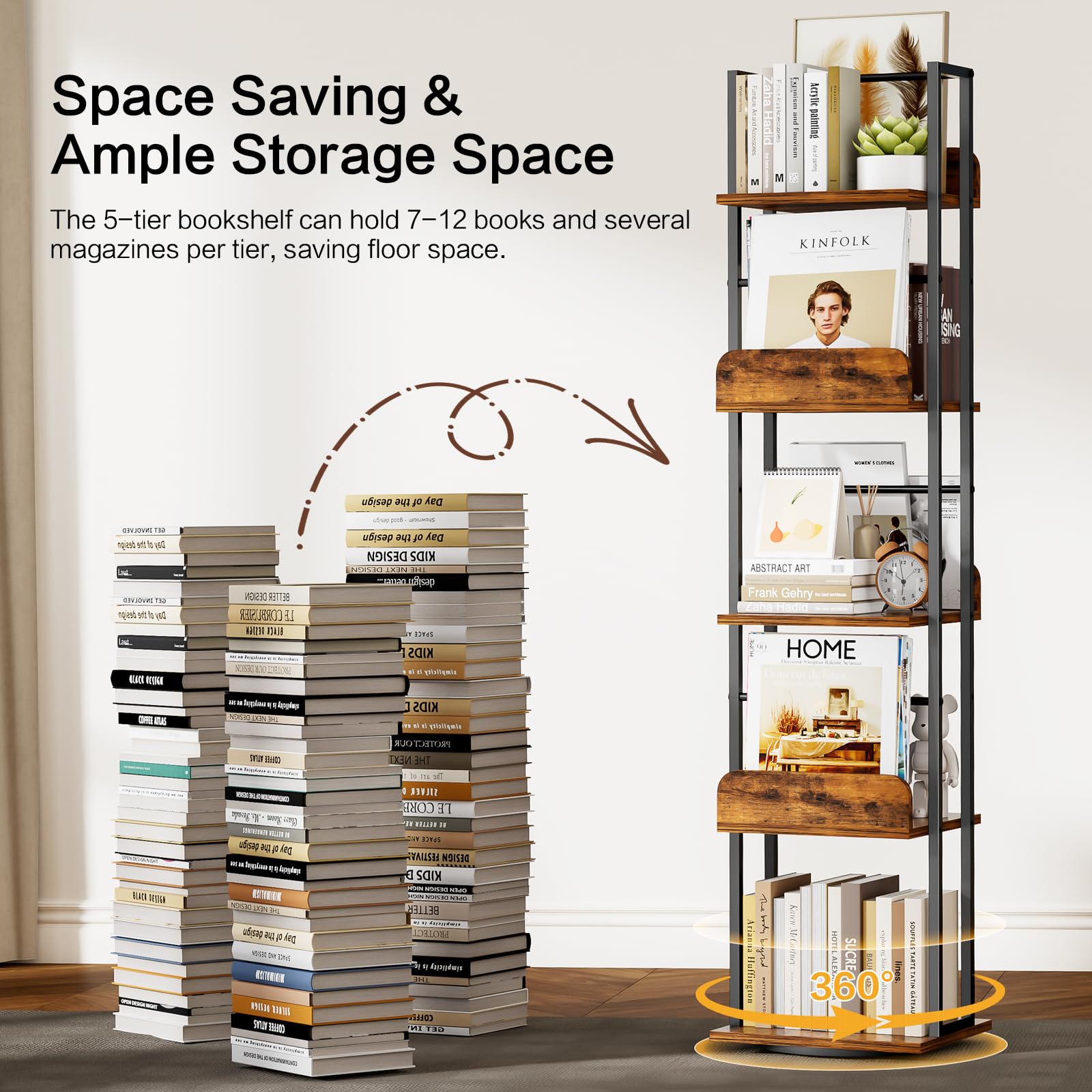 Bikoney Rotating Bookshelf, 360 Display Spinning Bookshelf Tower, 5-Tier Narrow Bookcase, Tall Industrial Book Shelf Organizer, Small Corner Book Shelves for Living Room, Black