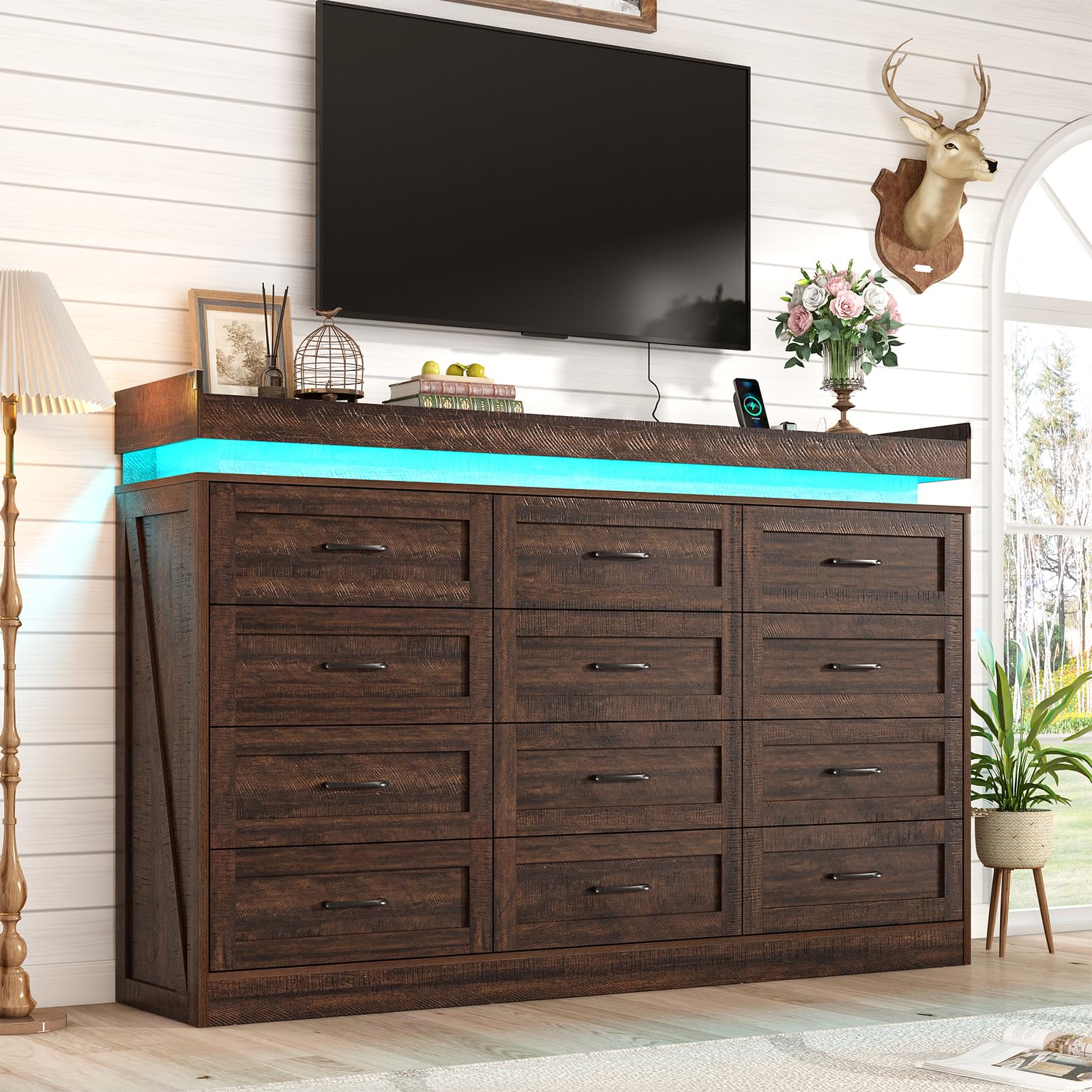 Farmhouse 12-Drawer Dresser with LED Light & Power Outlets