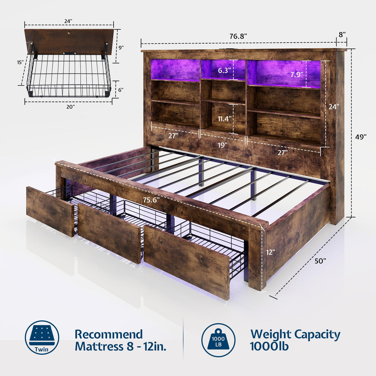 Jocisland Twin Bed Frame Bookcase Headboard, USB/LED＆3 Drawers, Rustic Oak