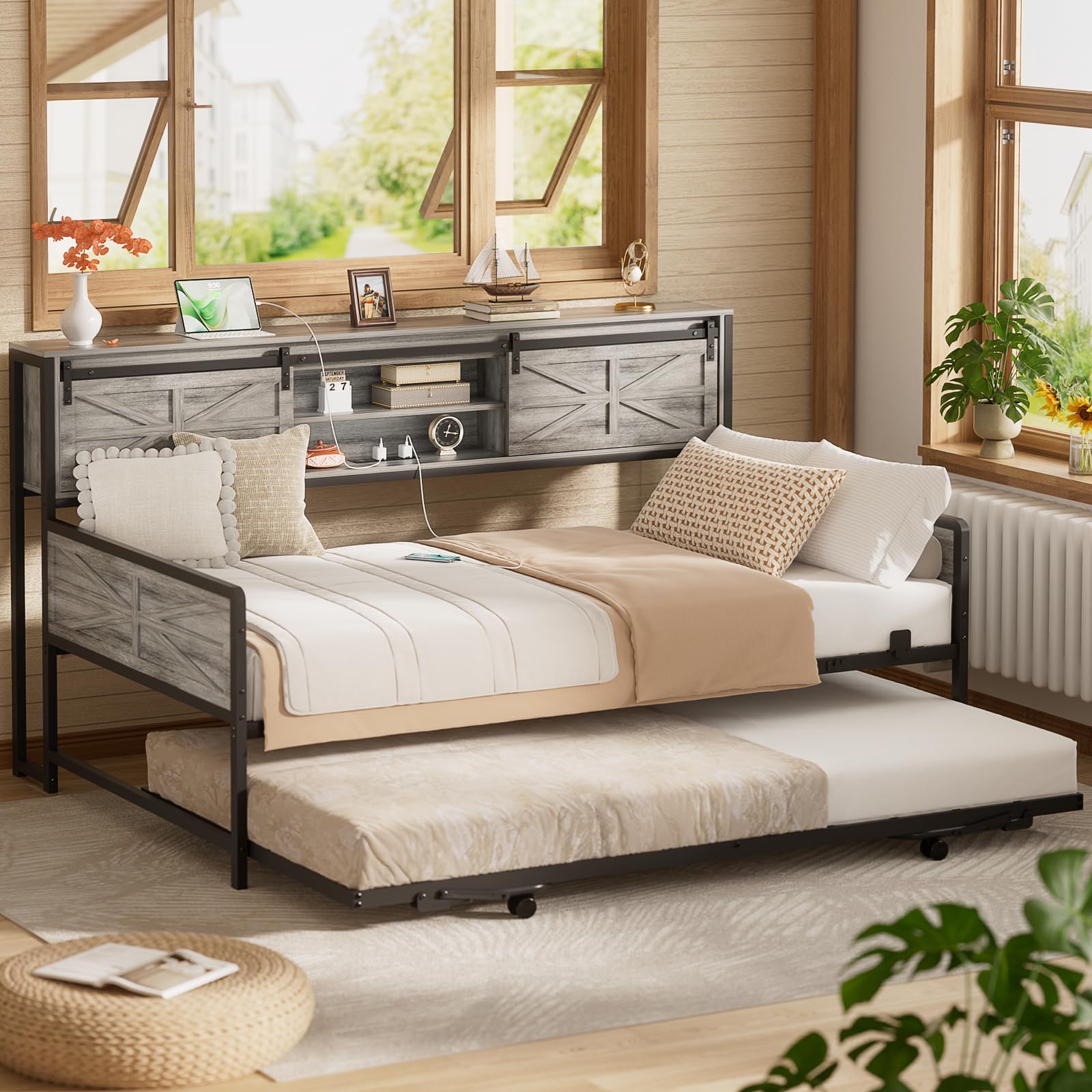 Homieasy Farmhouse Twin Daybed with Pop-Up Trundle, Metal Trundle Bed Frame with Bookcase Headboard, Charging Station & Barn Door Storage for Bedroom & Guest Room, Light Oak