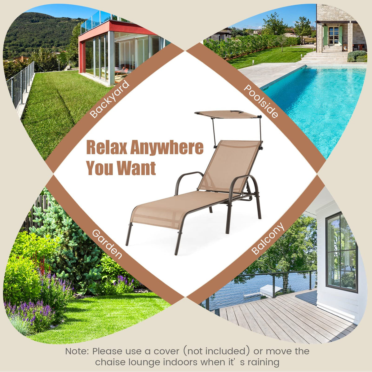 Byroce Patio Lounge Chair with Canopy, Outdoor Chaise Lounger with 5-Level Adjustable Backrest, Arms & Cupholder, Metal Tanning Recliner Chair for Beach, Poolside, Backyard, Garden (1)