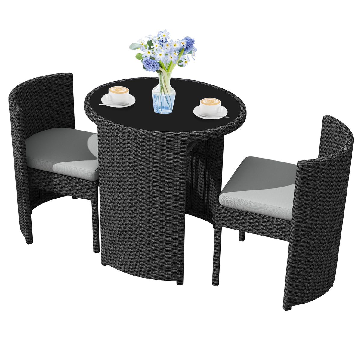 Vmopu 3-Piece Rattan Bistro Set, Foldable Outdoor Dining Set with Cushions