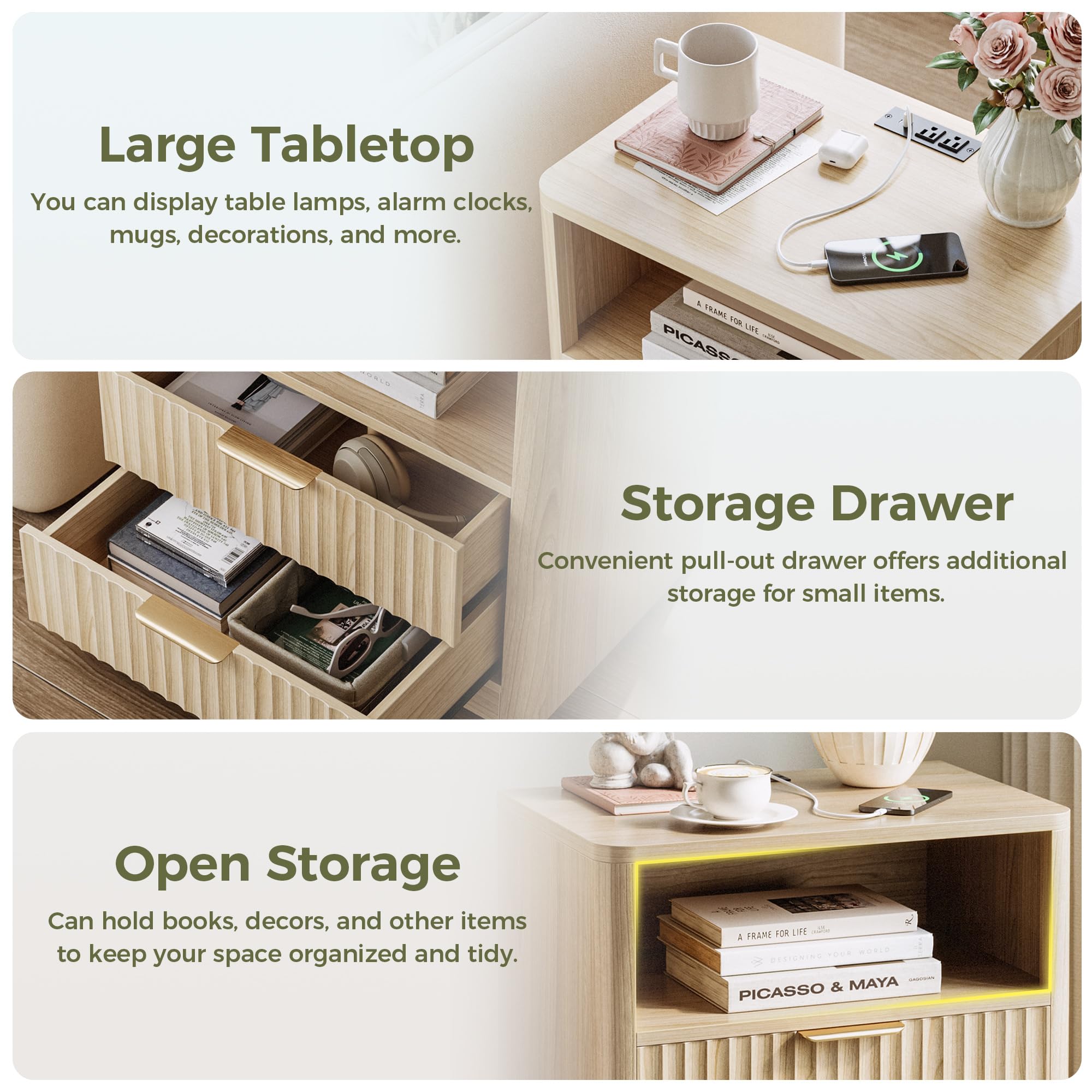Fluted Nightstand Set of 2 with Charging Station