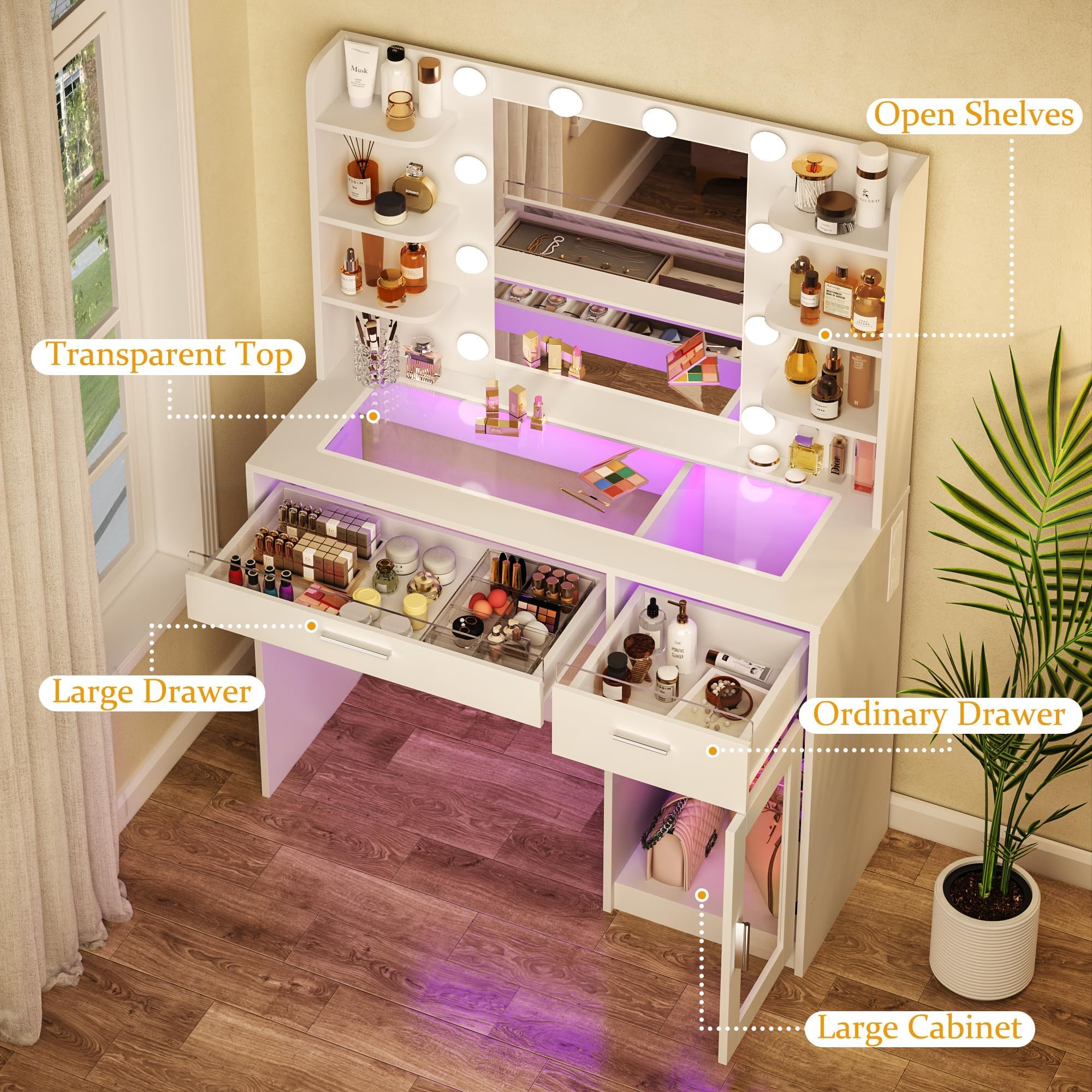HUAHUU Vanity Desk with Mirror and Lights, Makeup Vanity Desk with Lights 3 Colors, Transparent Top Vanity with 2 RGB Drawers, 6 Shelves, Large Tempered Cabinet, Power Outlet, for Bedroom, White