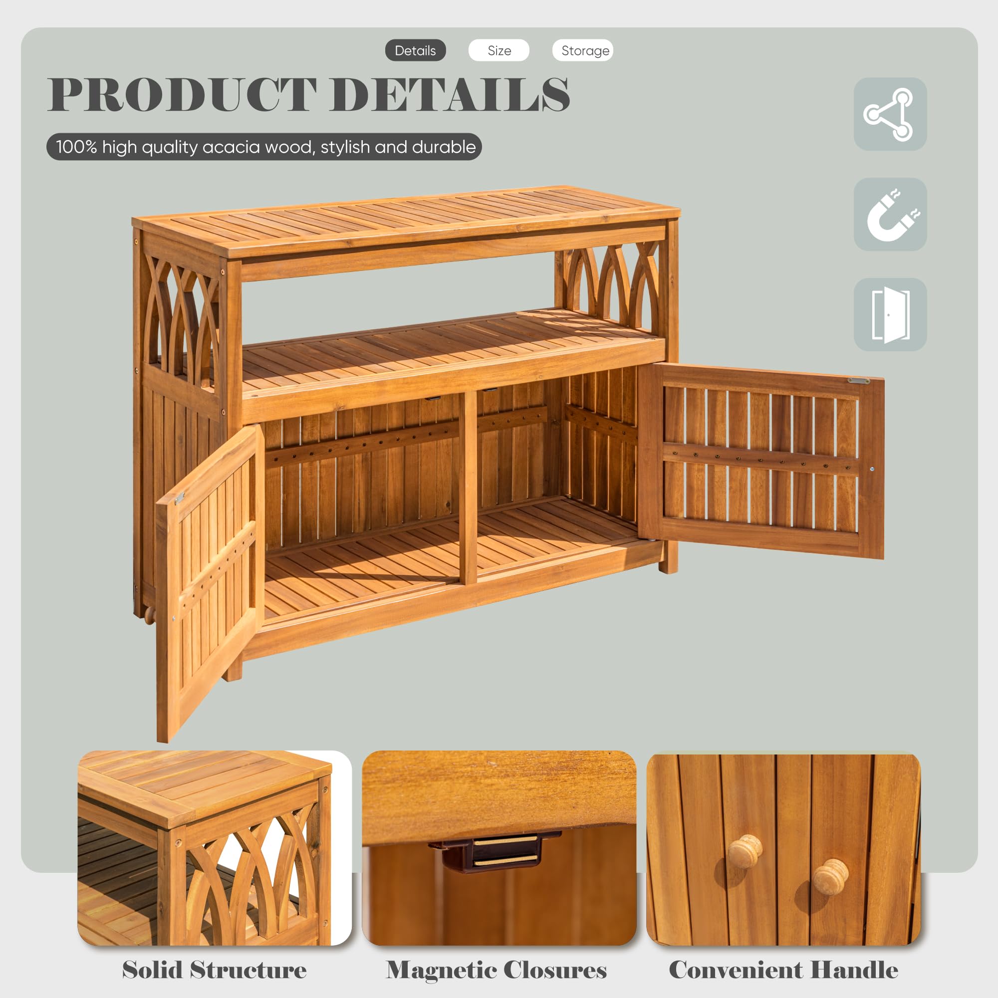 Acacia Wood Outdoor Storage Cabinet with Magnetic Doors