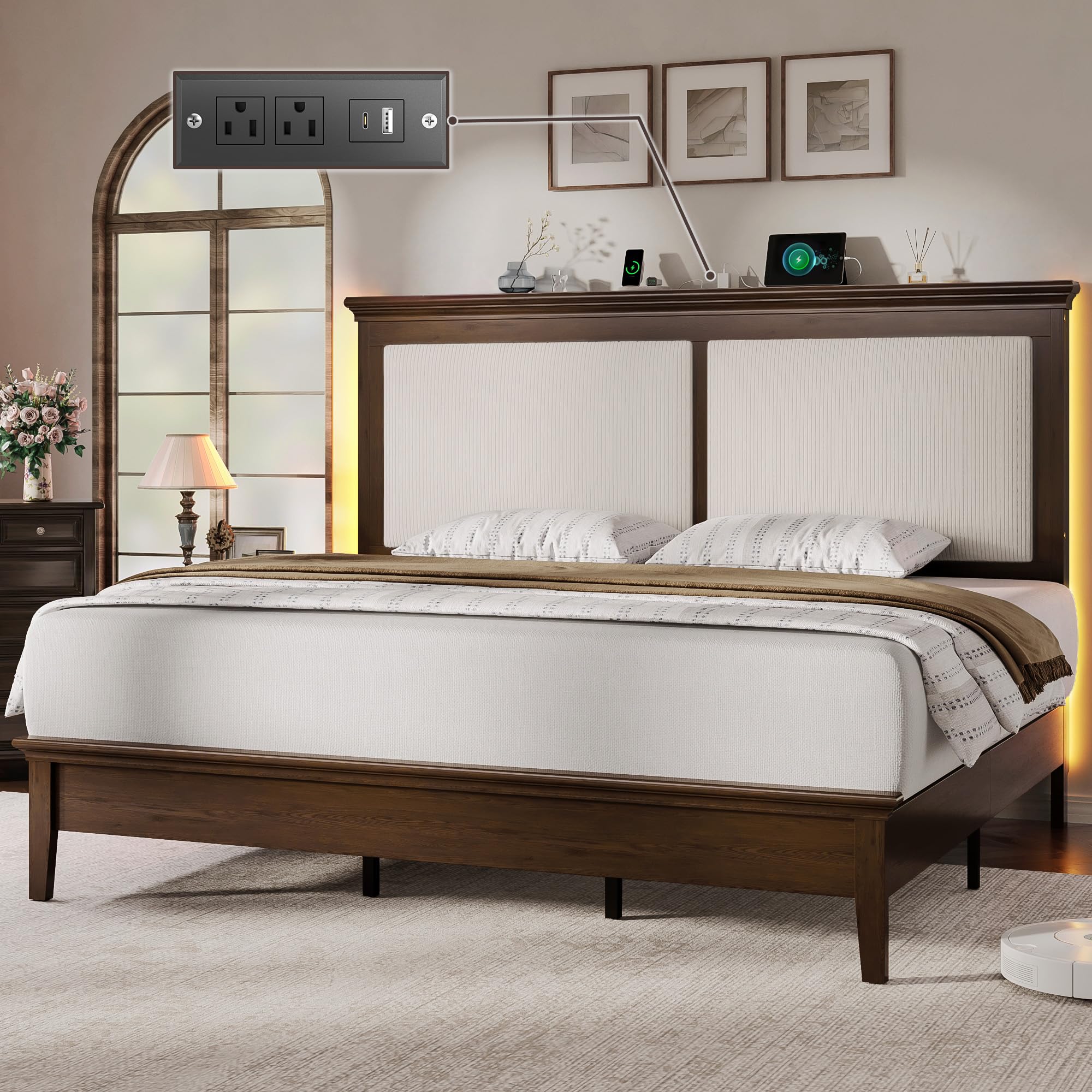 Lifezone Queen Bed Frame with Headboard, Solid Wood Bed Frame Queen Size with Charging Station & RGB LED, Wood Slats Support, Noise-Free, Sturdy Structure, Easy Assembly, Walnut