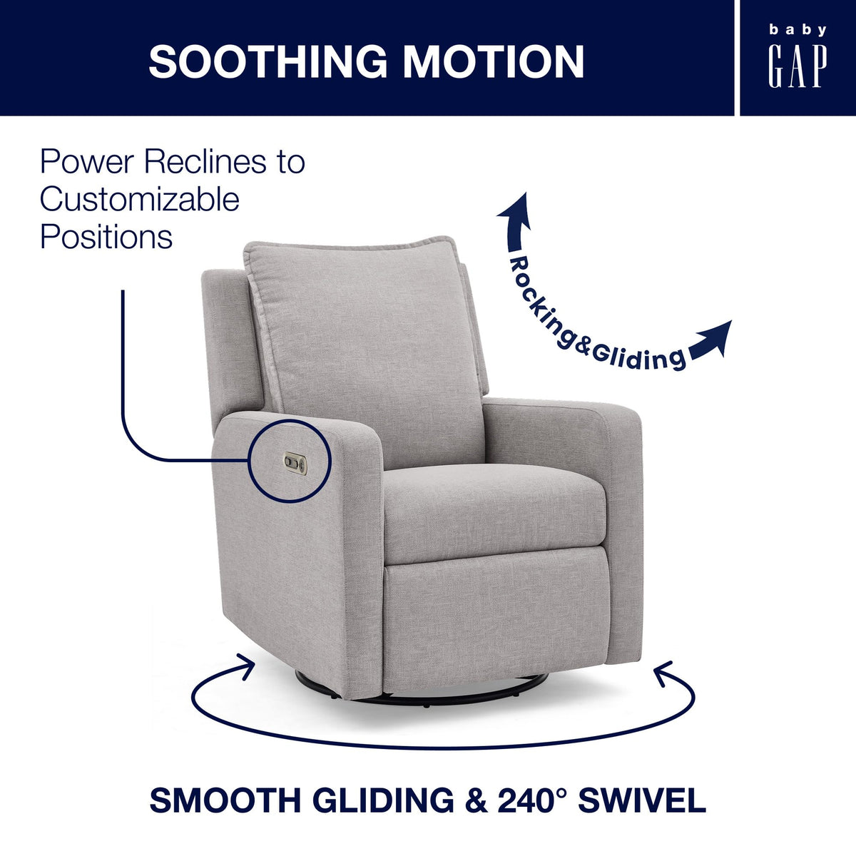 Delta Children babyGap Harlowe Power Recliner with USB-A & Charging Port Greenguard Gold Certified – Stain-Resistant Performance Fabric is Oeko-TEX Standard 100 Certified, Ash