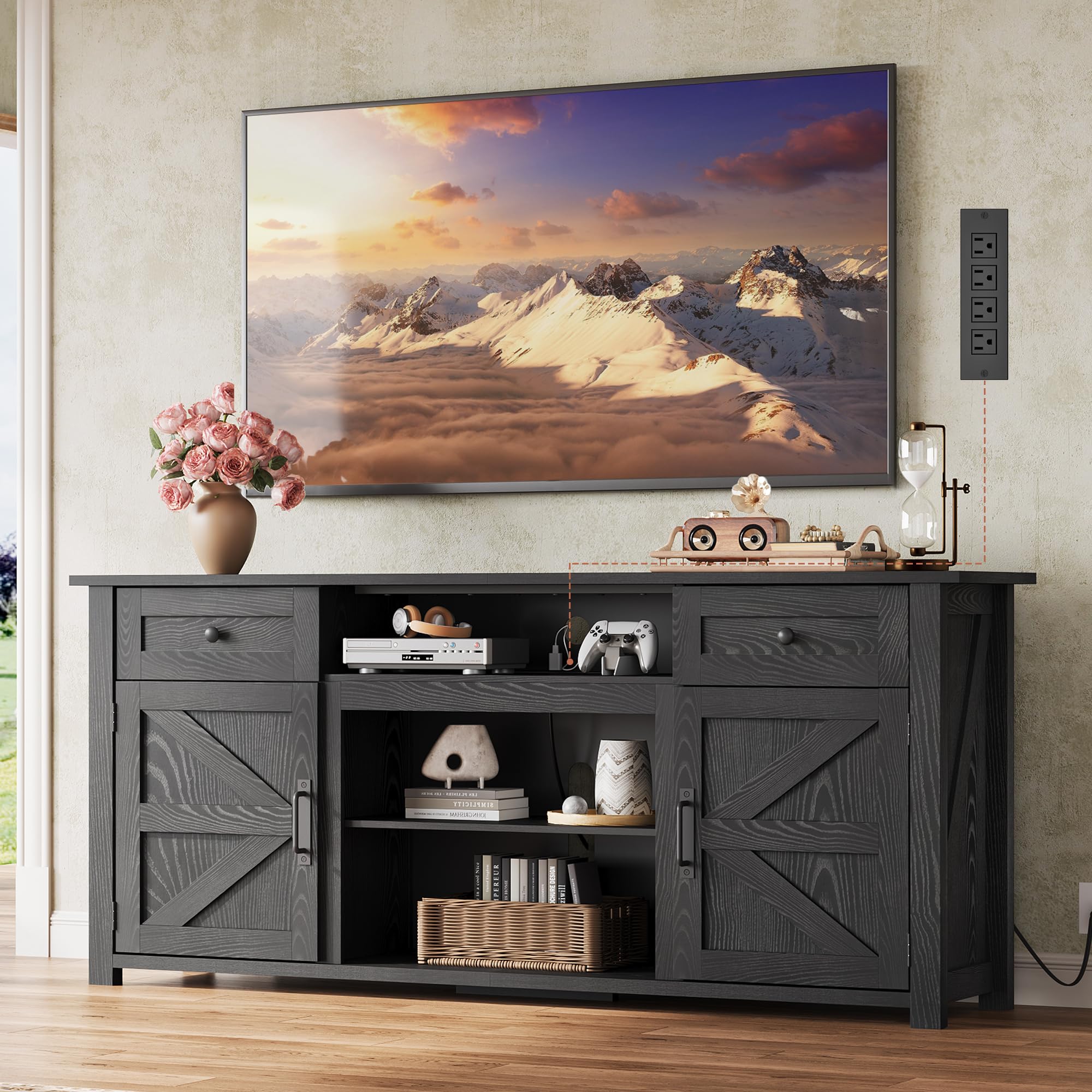 WLIVE TV Stand for 75/70 Inch TV, Entertainment Center with Storage & Power Outlet, Farmhouse Media Console Cabinet with Drawers and Adjustable Shelves for Living Room, Black