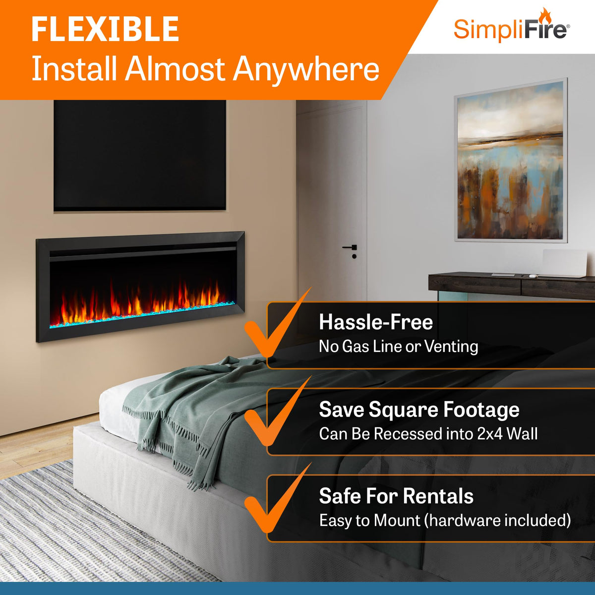 SimpliFire Allusion Slim 60" Electric Fireplace, Fully Recessed or Wall Mounted, 9 Flame Colors, Black & Clear Crystals, Logs, 13 Ember Bed Colors, Remote Control, Adjustable Heat, 750-1500W