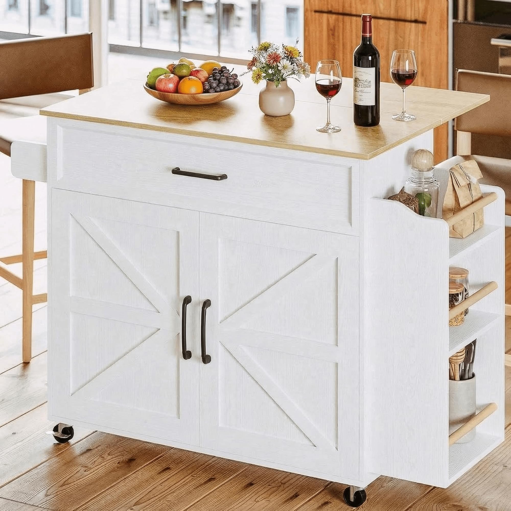 Kitchen Island Cart with Power Outlet & Drop Leaf