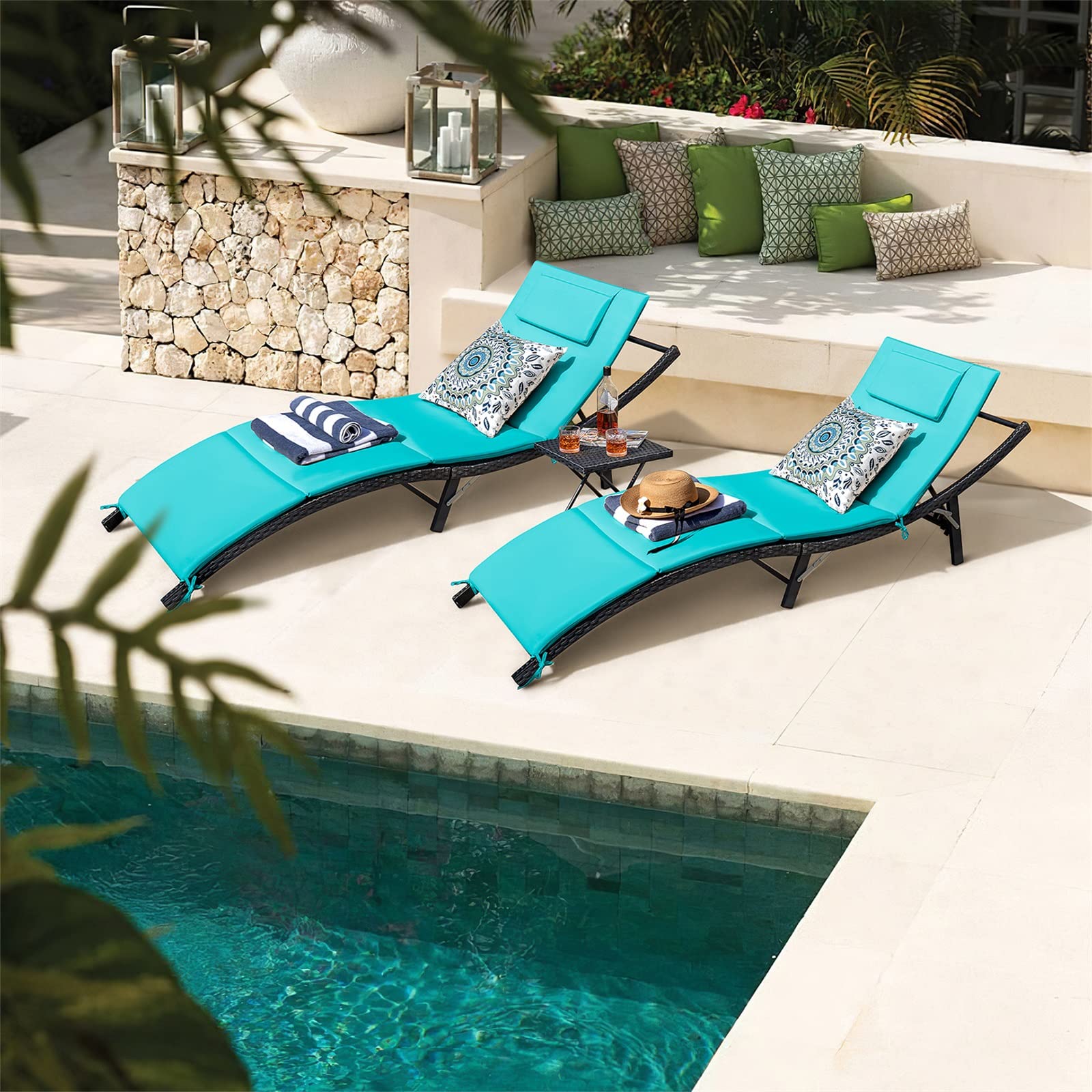 Outdoor Reclining Chaise Lounge Set with Side Table