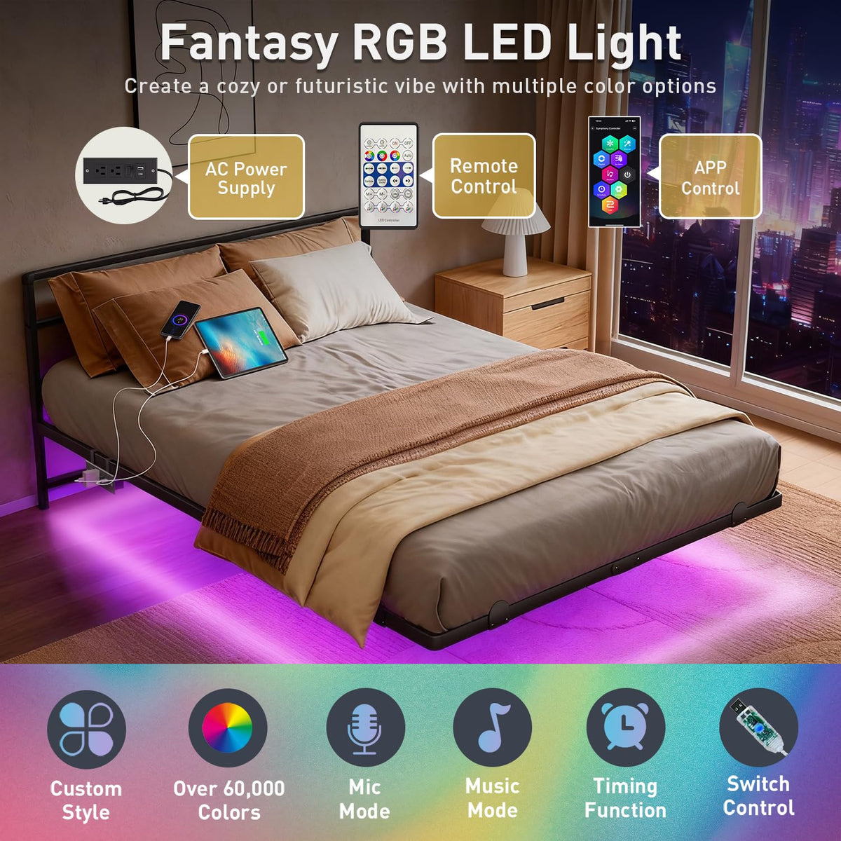 AGXI Queen Bed Frame with Headboard, 14 Inch Floating Bed with Smart LED Lights and USB Charging Station, Easy Assembly, No Box Spring Needed