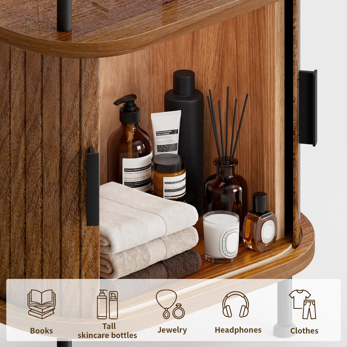 Fluted Nightstands Set of 2, Walnut Bedside Tables with Charging Station